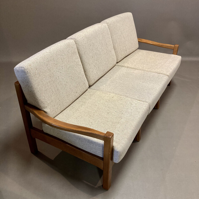 Vintage 3 seater teak and wool sofa, Scandinavian 1950s