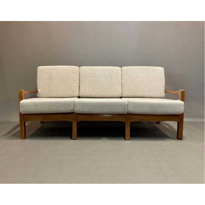 Vintage 3 seater teak and wool sofa, Scandinavian 1950s