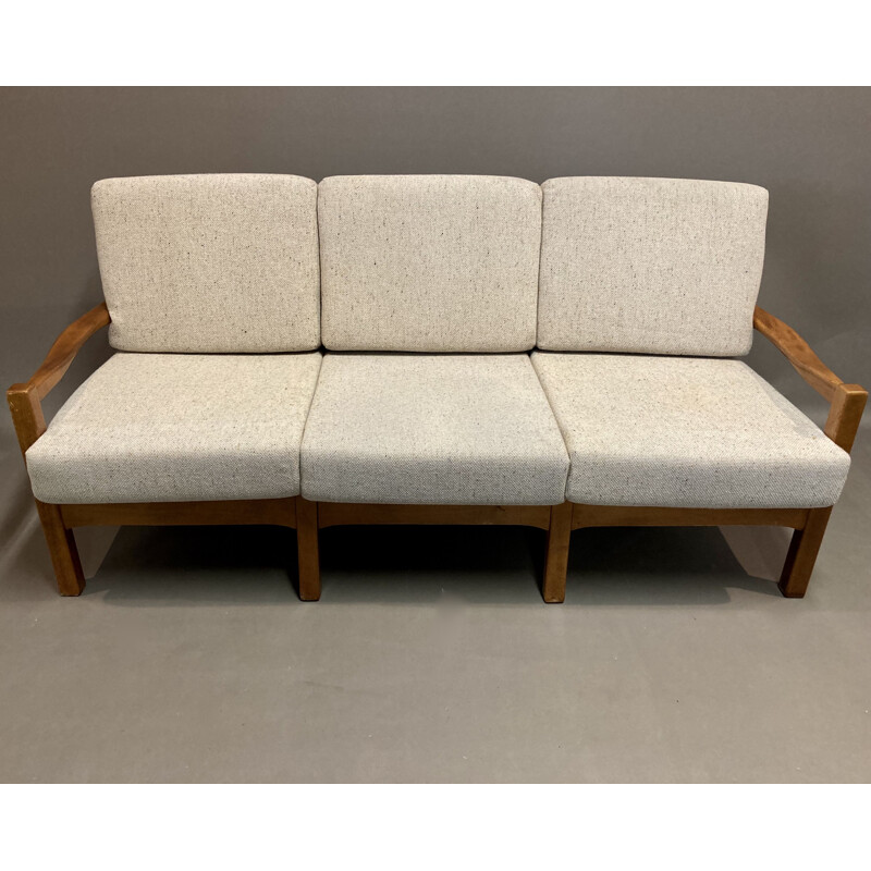 Vintage 3 seater teak and wool sofa, Scandinavian 1950s