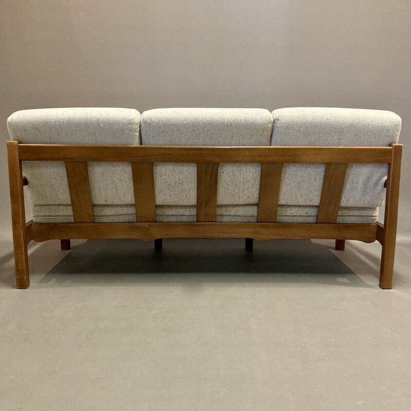 Vintage 3 seater teak and wool sofa, Scandinavian 1950s