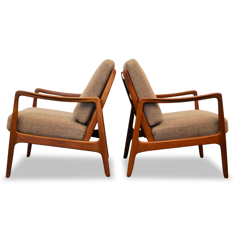 Pair of France & Son armchairs in teak and light brown fabric, Ole WANSCHER - 1960s