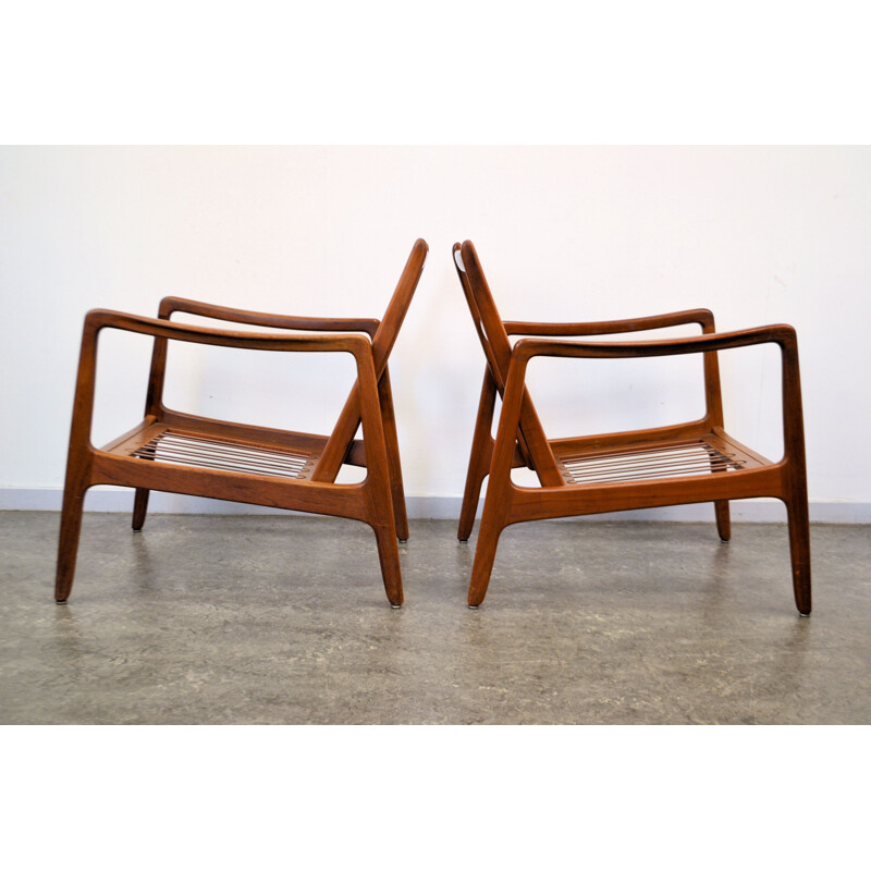 Pair of France & Son armchairs in teak and light brown fabric, Ole WANSCHER - 1960s