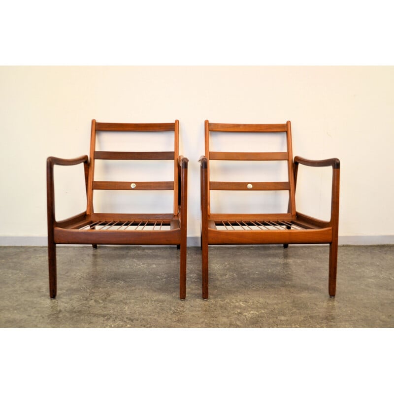 Pair of France & Son armchairs in teak and light brown fabric, Ole WANSCHER - 1960s