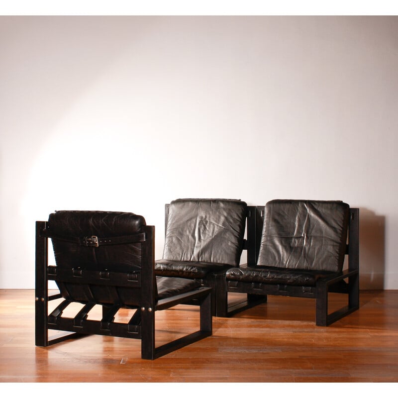 Set of three armchairs in black leather, Sonja WASSEUR - 1970s