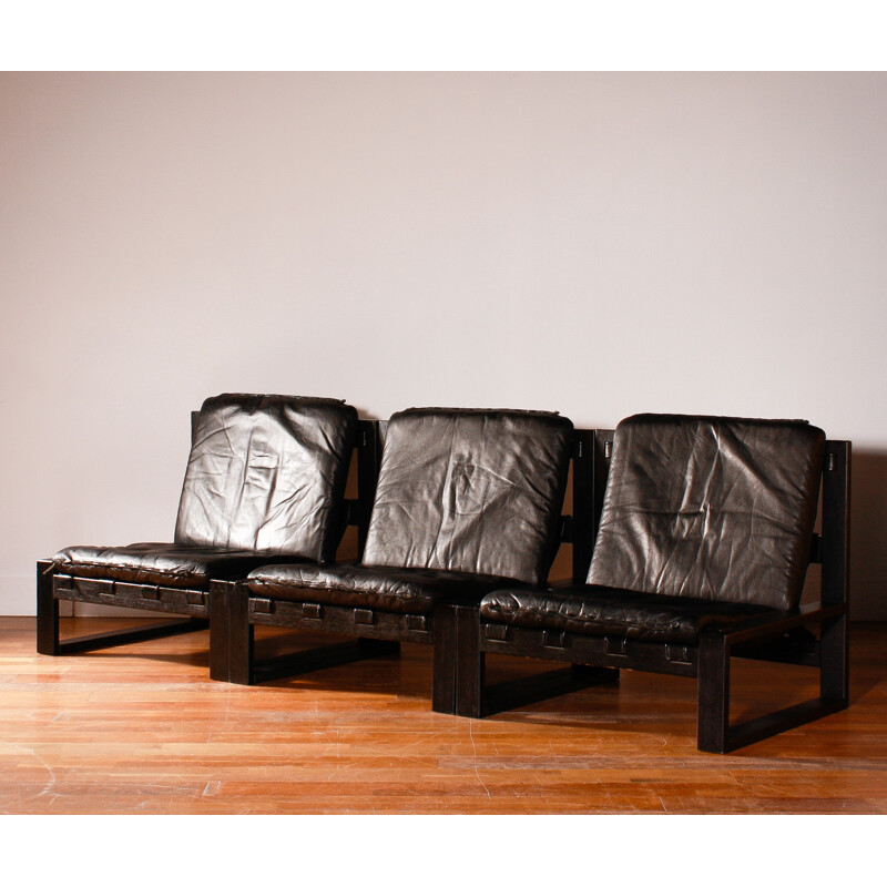 Set of three armchairs in black leather, Sonja WASSEUR - 1970s