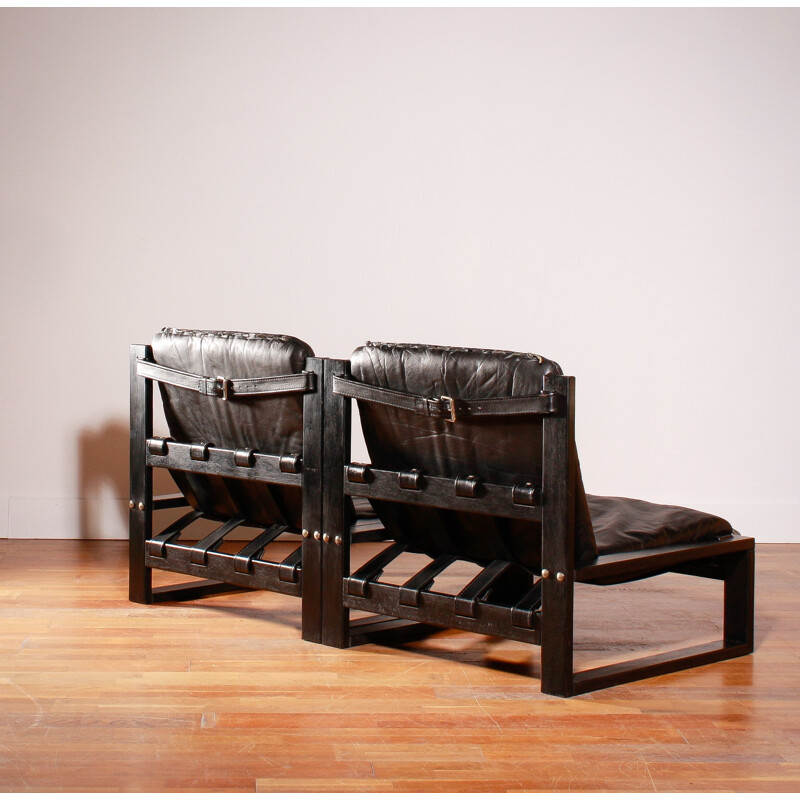 Suite de trois fauteuils en cuir noir, Sonja WASSEUR - 1970