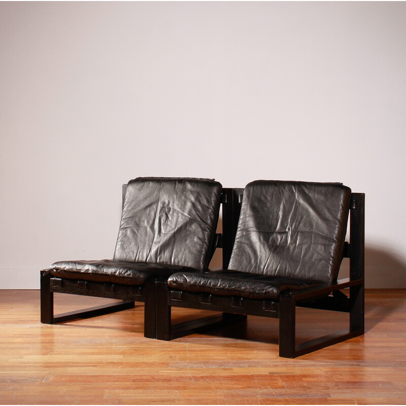 Set of three armchairs in black leather, Sonja WASSEUR - 1970s