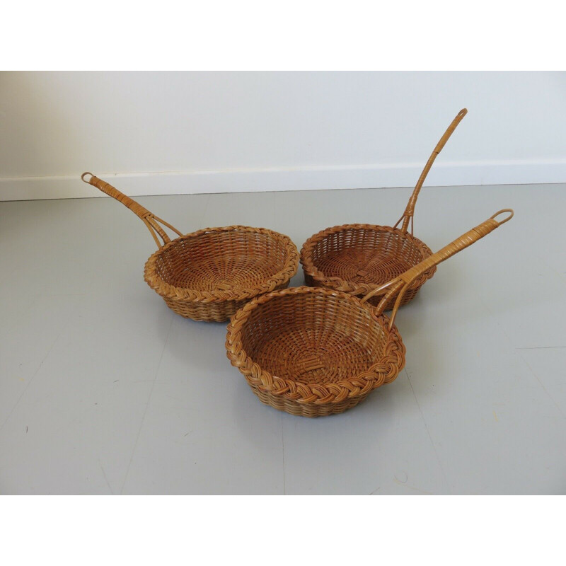 Set of 3 vintage rattan baskets, France 1970s