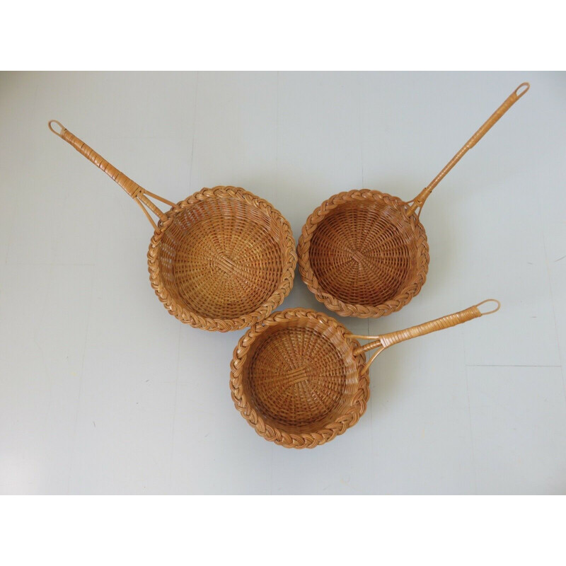 Set of 3 vintage rattan baskets, France 1970s