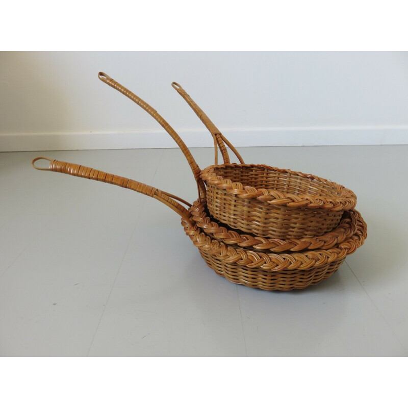 Set of 3 vintage rattan baskets, France 1970s