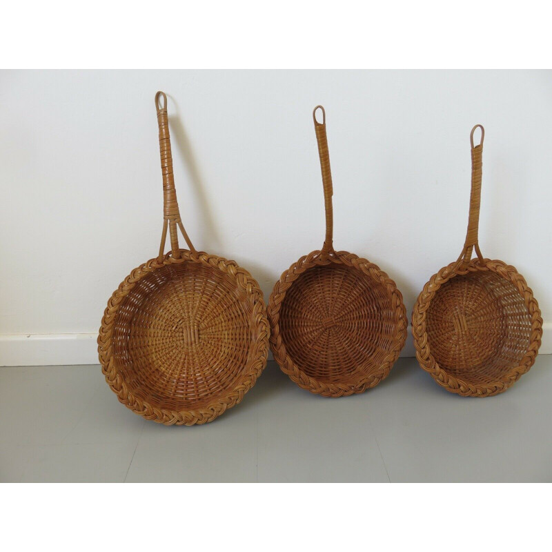 Set of 3 vintage rattan baskets, France 1970s