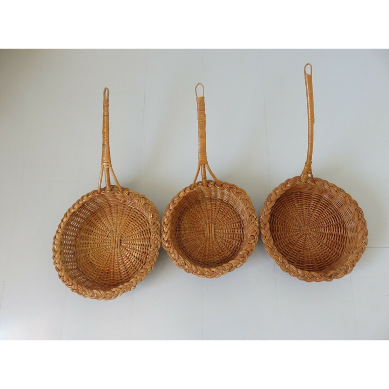 Set of 3 vintage rattan baskets, France 1970s