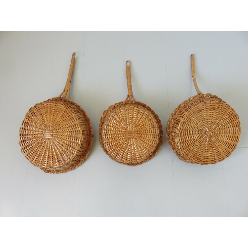 Set of 3 vintage rattan baskets, France 1970s