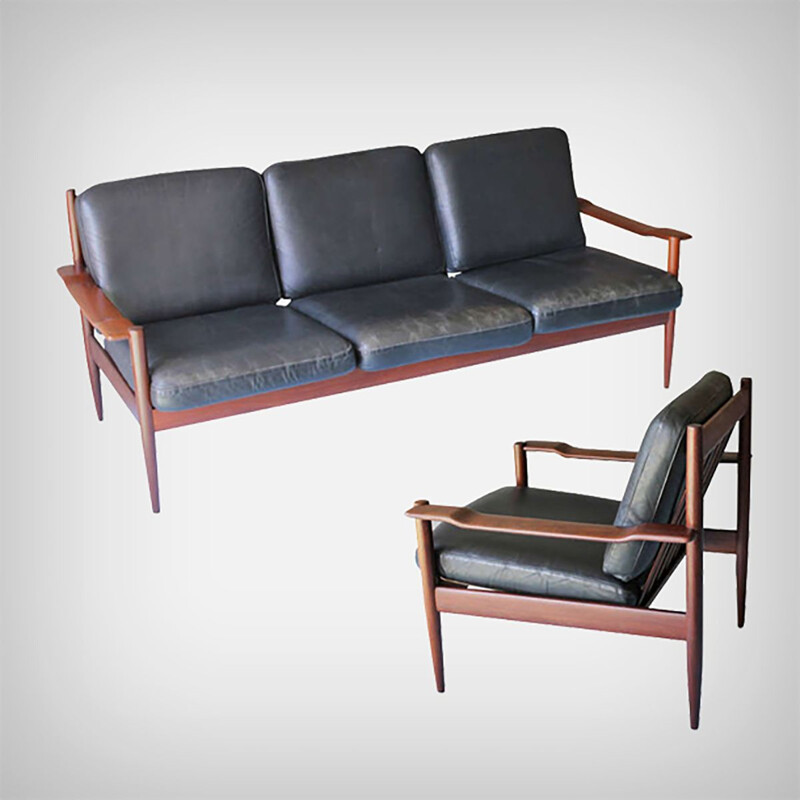 Vintage teak living room set with leather, Danish 1960