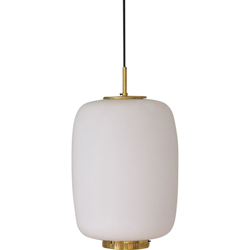 Large vintage Size Bent Karlby Kina Pendant Lamp Brass and Opaline by Lyfa, Denmark 1955s