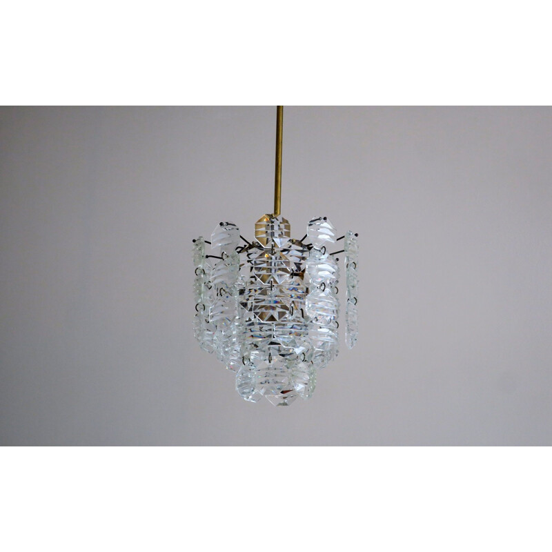 Vintage Kinkeldey Brass & Faceted Glass Chandelier 1960s