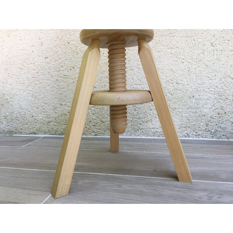 Vintage high adjustable wooden stool with screw 1990s