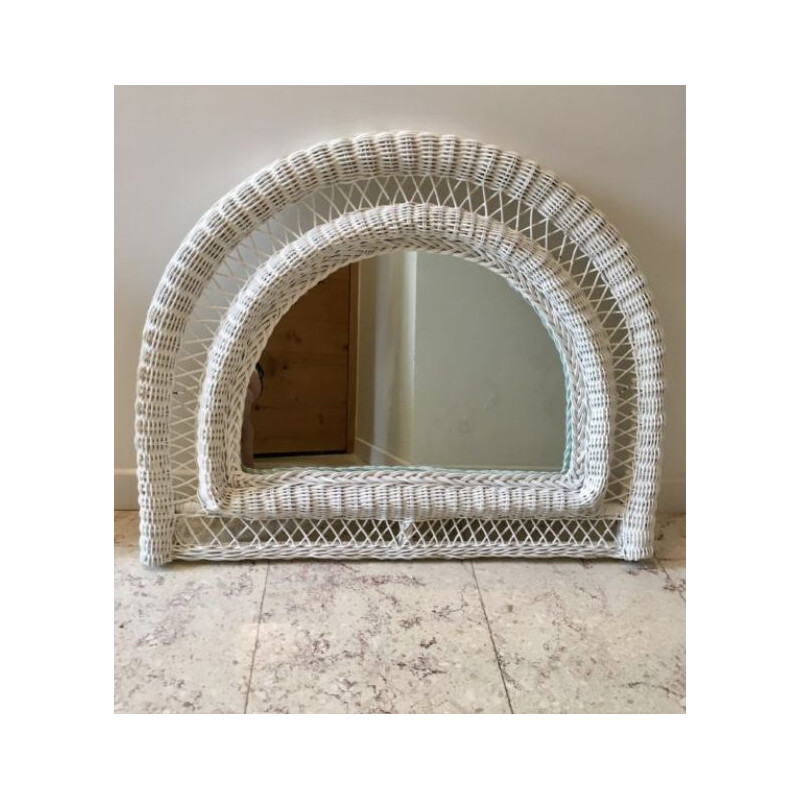 Vintage white half moon rattan mirror