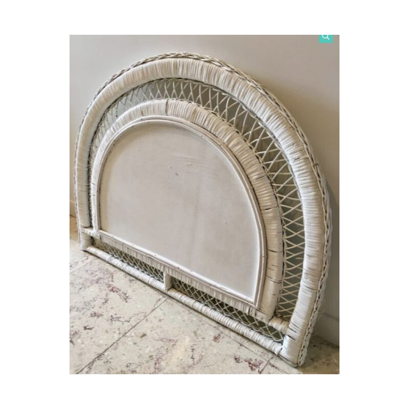 Vintage white half moon rattan mirror