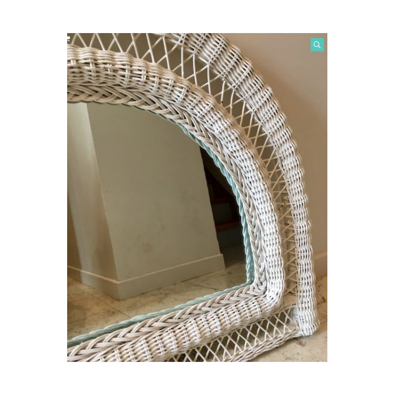 Vintage white half moon rattan mirror