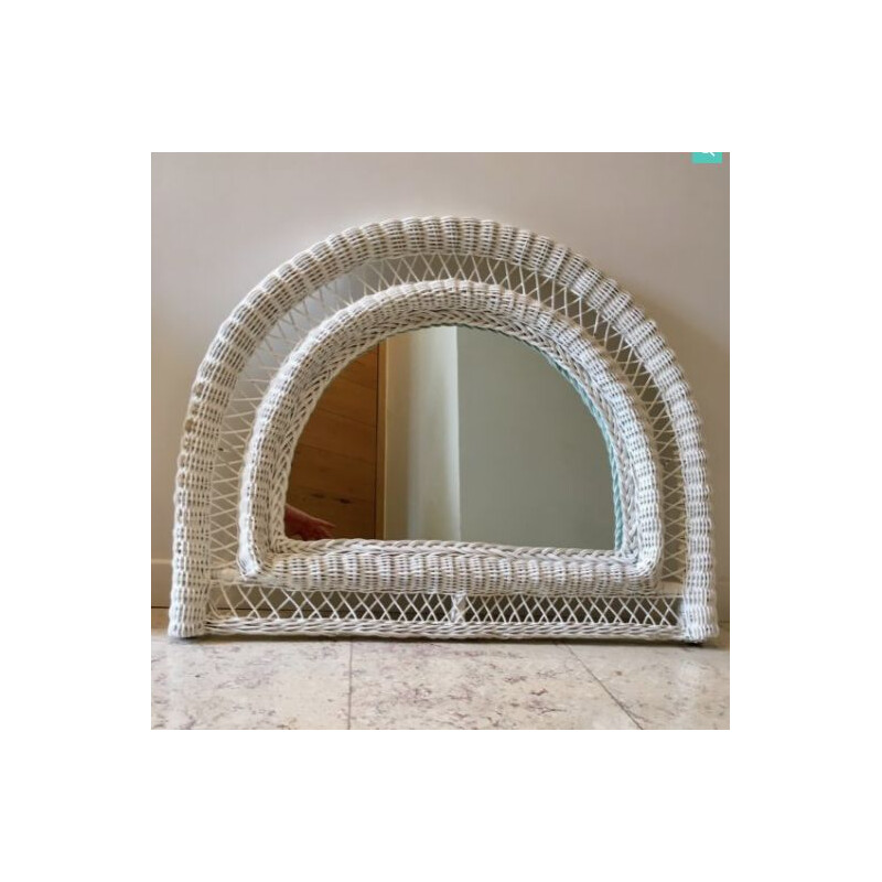 Vintage white half moon rattan mirror