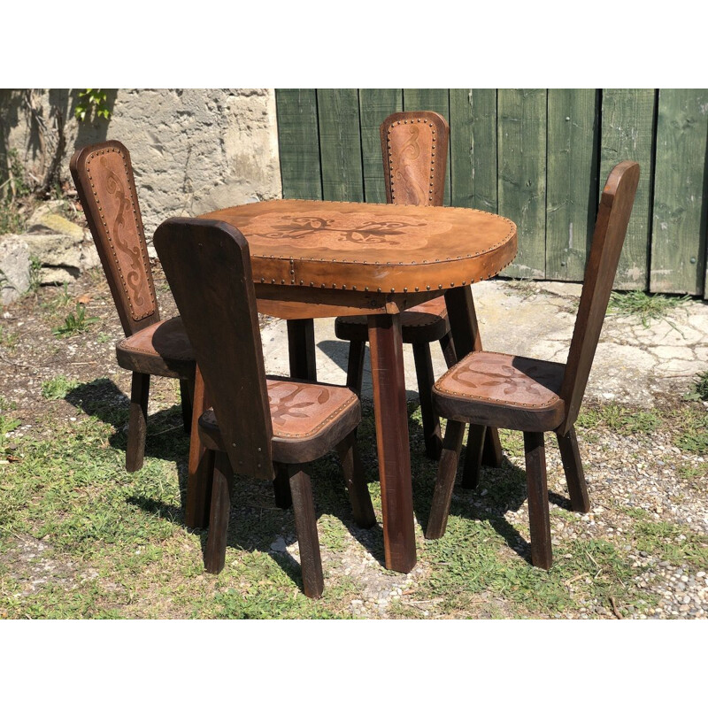 Set of 4 vintage brutalism oak and leather chairs 1960s