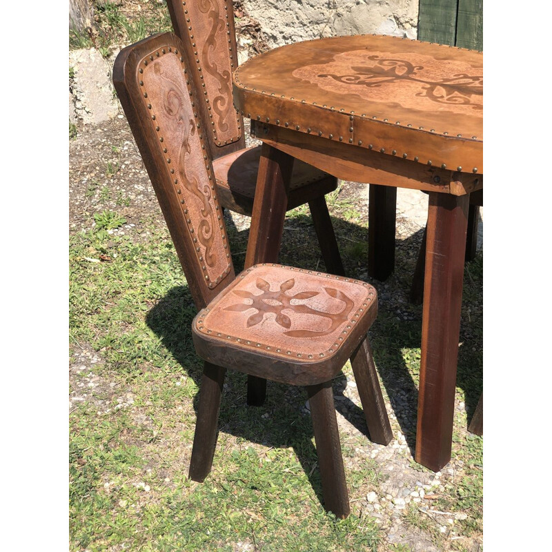 Set of 4 vintage brutalism oak and leather chairs 1960s