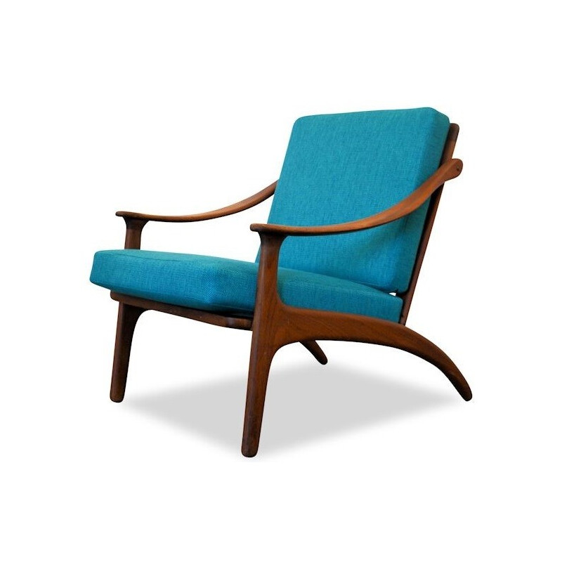 Scandinavian P. Mikkelsen lounge chair in teak and blue fabric, Arne Hovmand OLSEN - 1960s