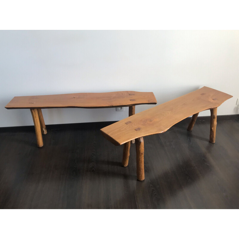 Pair of vintage solid elm benches 1970s