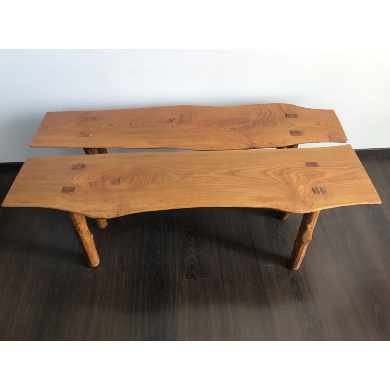 Pair of vintage solid elm benches 1970s