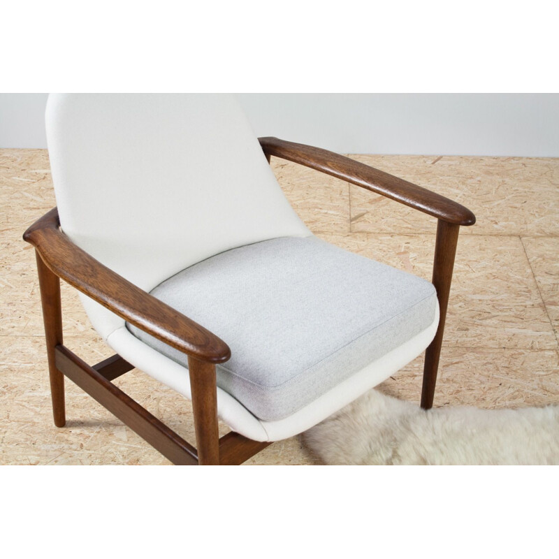 Chaise vintage Bovenkamp tapisserie gris blanc et cadre en teck
