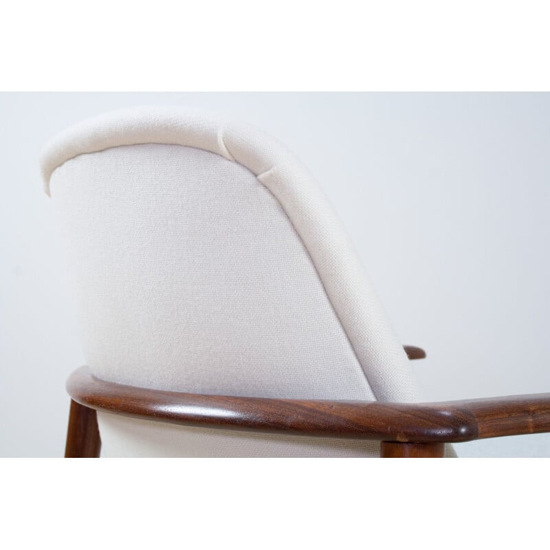 Chaise vintage Bovenkamp tapisserie gris blanc et cadre en teck