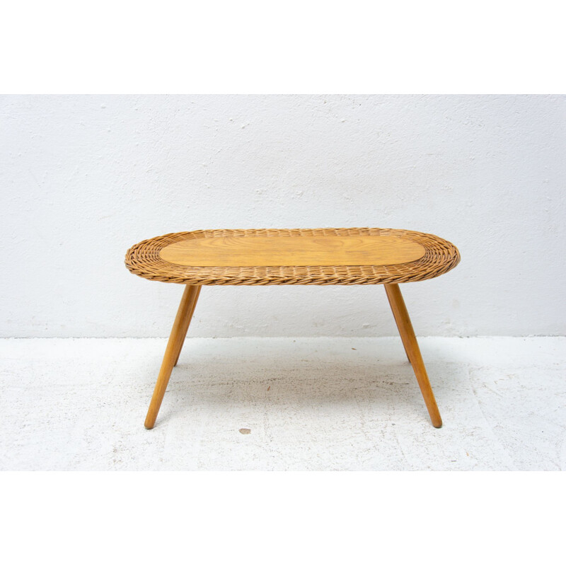 Vintage rattan stool by Jan Kalous for ÚLUV, Czechoslovakia 1960s