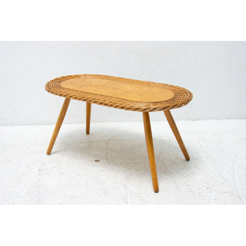 Vintage rattan stool by Jan Kalous for ÚLUV, Czechoslovakia 1960s