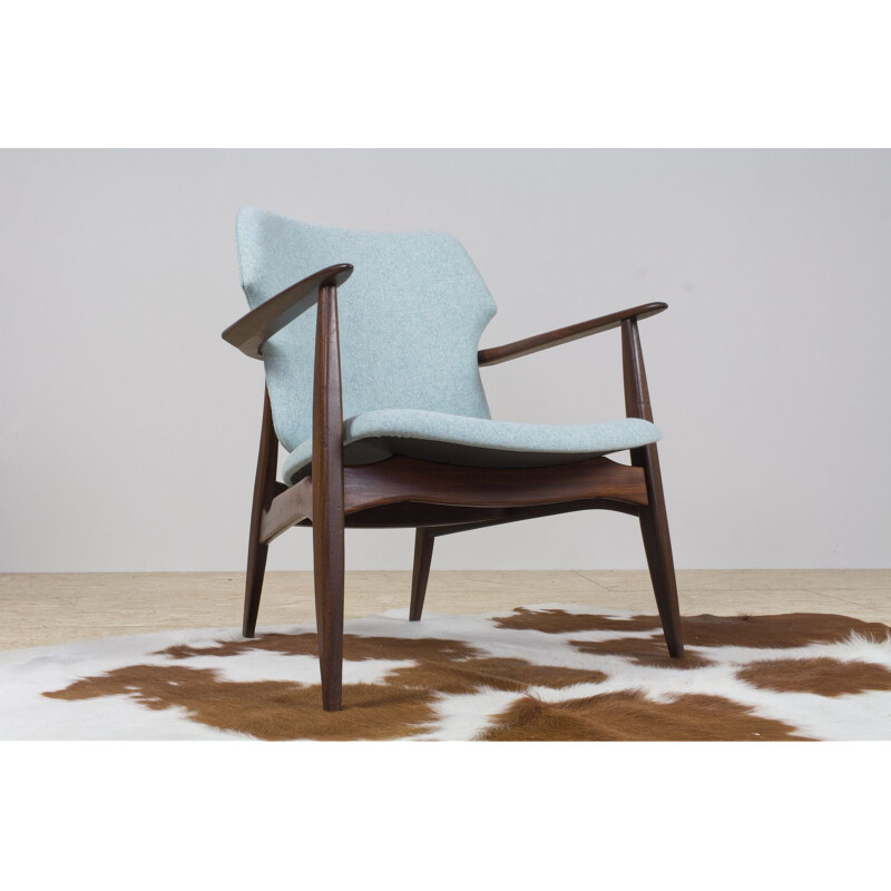 Fauteuil lounge vintage en teck laine bleue par Aksel Bender Madsen pour Bovenkamp 1950