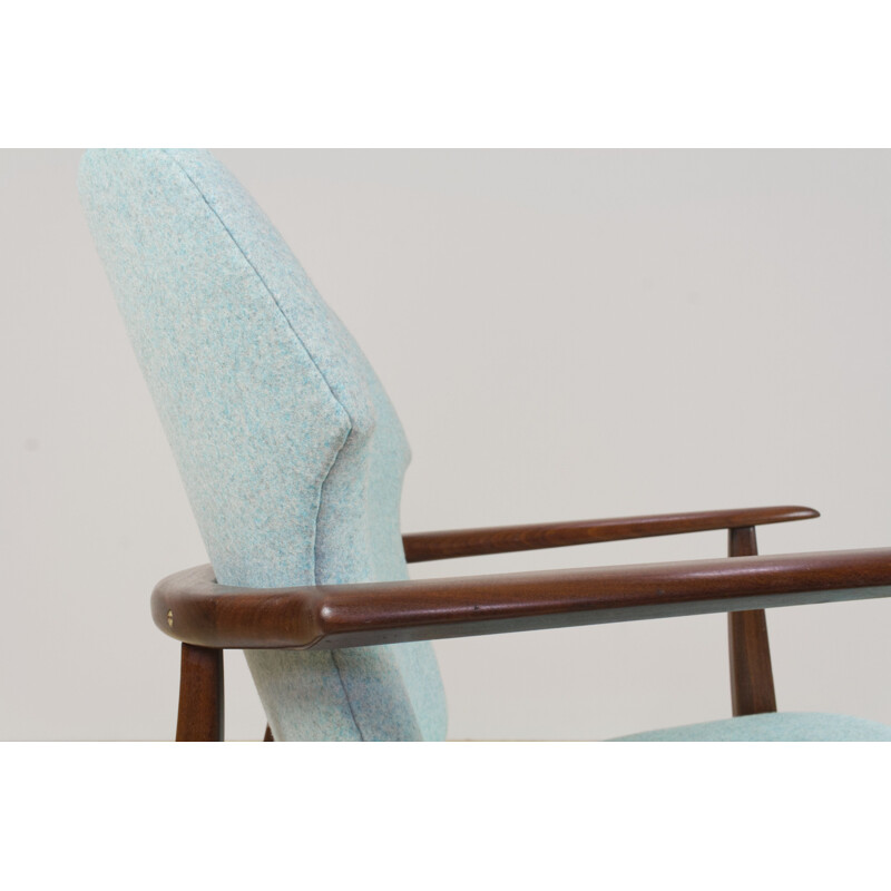 Vintage teak lounge chair blue wool by Aksel Bender Madsen for Bovenkamp 1950s