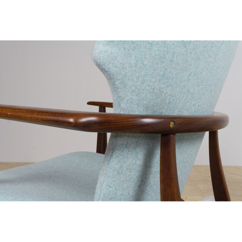 Fauteuil lounge vintage en teck laine bleue par Aksel Bender Madsen pour Bovenkamp 1950