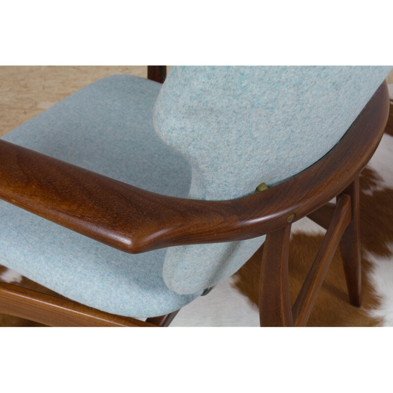 Fauteuil lounge vintage en teck laine bleue par Aksel Bender Madsen pour Bovenkamp 1950