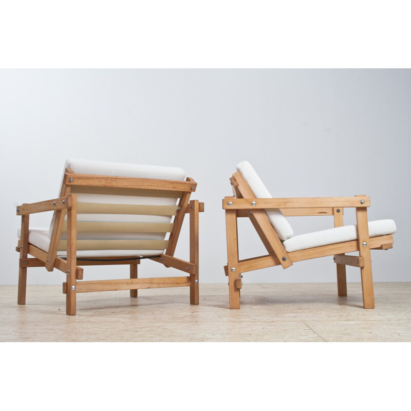 Pair of vintage Martin Visser lounge chair model Cleon white fabric and beech frame 1974s
