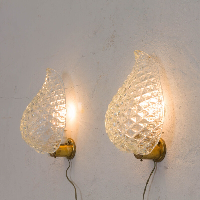 Vintage wall lamps with Murano glass shades leaf by Barovier & Tosso, Italy 1950s