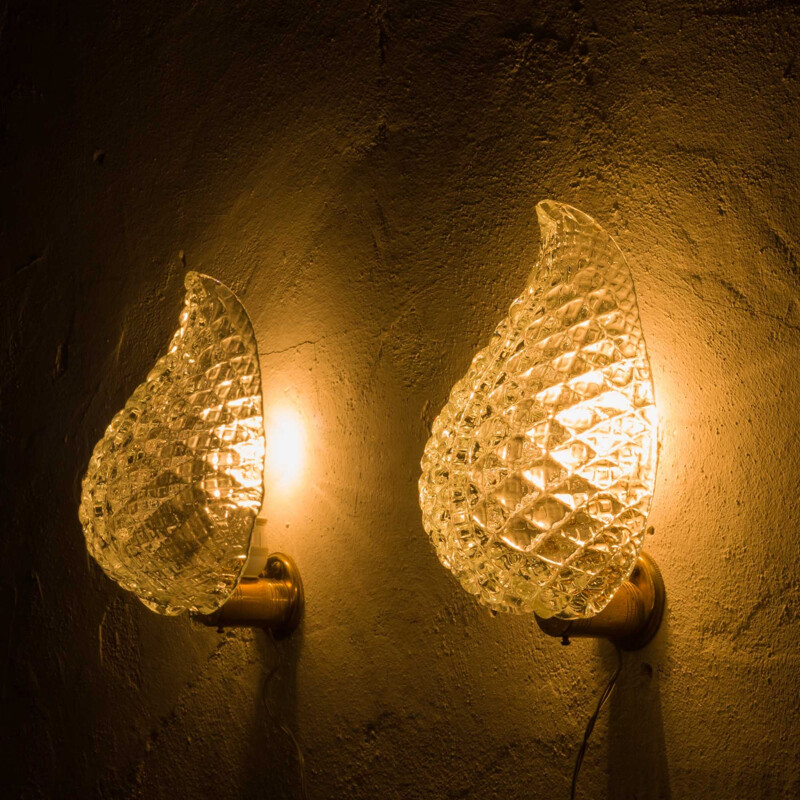 Vintage wall lamps with Murano glass shades leaf by Barovier & Tosso, Italy 1950s