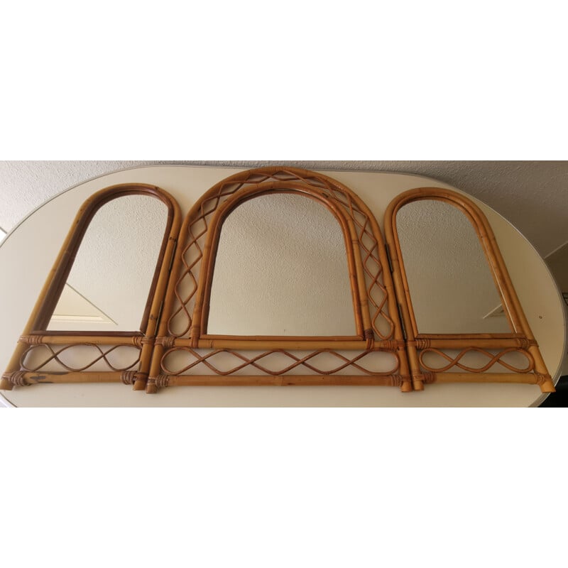 Vintage triptych mirror bamboo and rattan 1970s