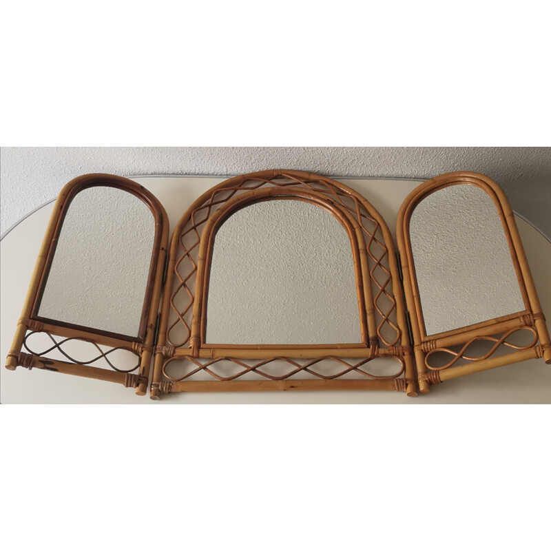 Vintage triptych mirror bamboo and rattan 1970s