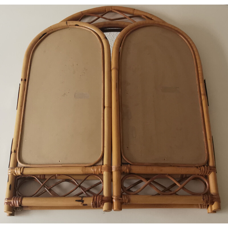 Vintage triptych mirror bamboo and rattan 1970s