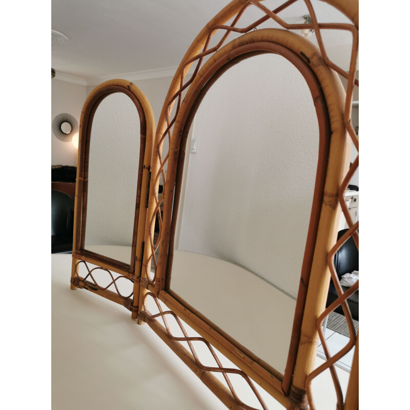 Vintage triptych mirror bamboo and rattan 1970s