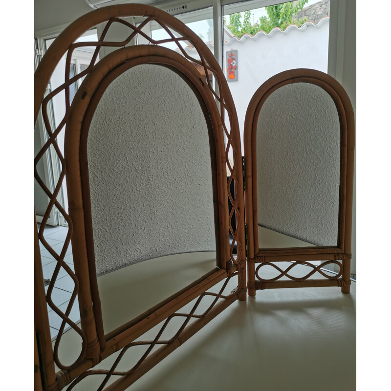 Vintage triptych mirror bamboo and rattan 1970s
