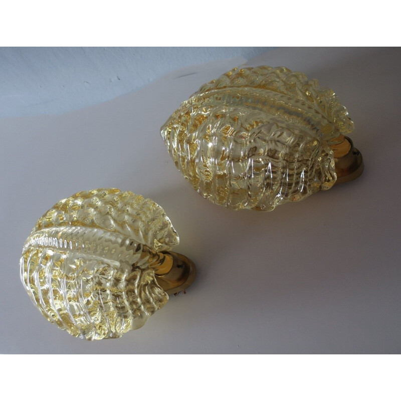 Pair of Swedish Amber Glass & Brass Conch Wall Lights Orrefors 1960s