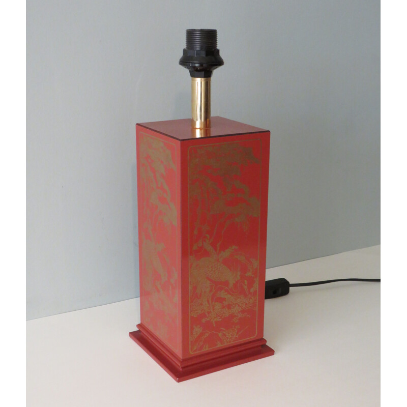 Vintage lamp stand in brown lacquered wood with oriental pattern, 1970