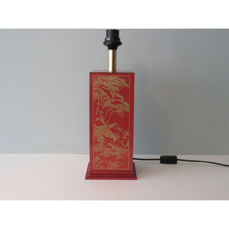 Vintage lamp stand in brown lacquered wood with oriental pattern, 1970