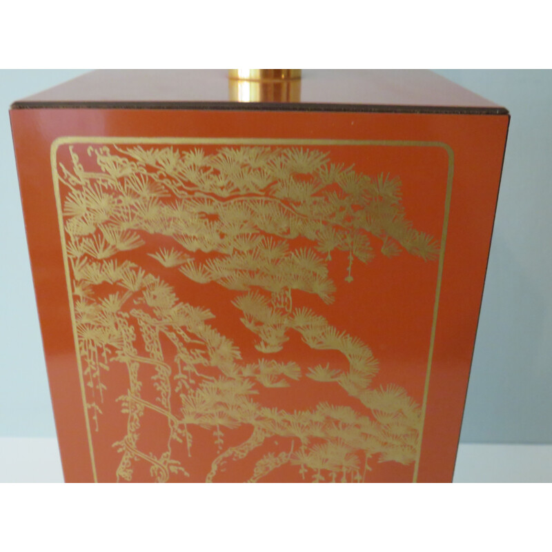 Pied de lampe vintage en bois laqué brun avec motif oriental, 1970
